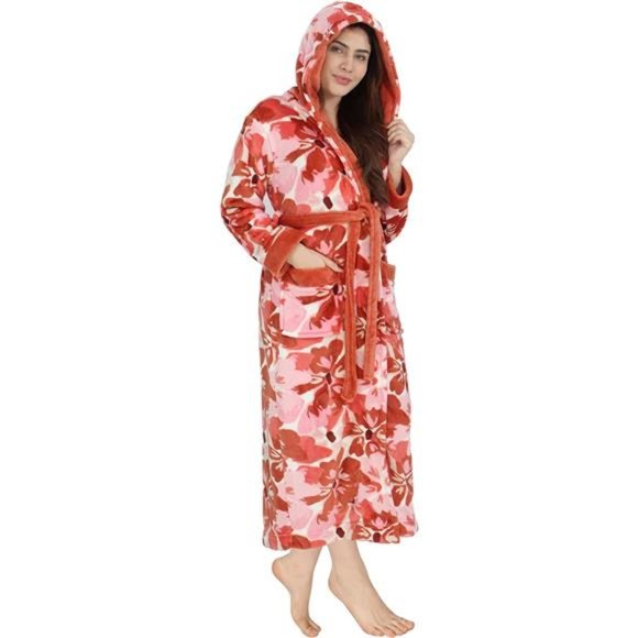 Women Fleece Hooded Bathrobe - Plush Long Robe, Floral Fantasy